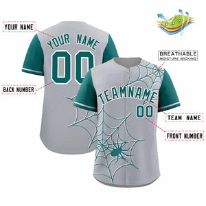 Custom Gray-Aqua Spider Web Pattern Raglan Sleeves Authentic Baseball Jersey