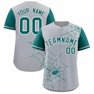 Custom Gray-Aqua Spider Web Pattern Raglan Sleeves Authentic Baseball Jersey