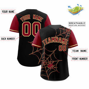 Custom Black-Crimson Spider Web Pattern Raglan Sleeves Authentic Baseball Jersey