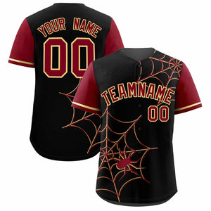 Custom Black-Crimson Spider Web Pattern Raglan Sleeves Authentic Baseball Jersey