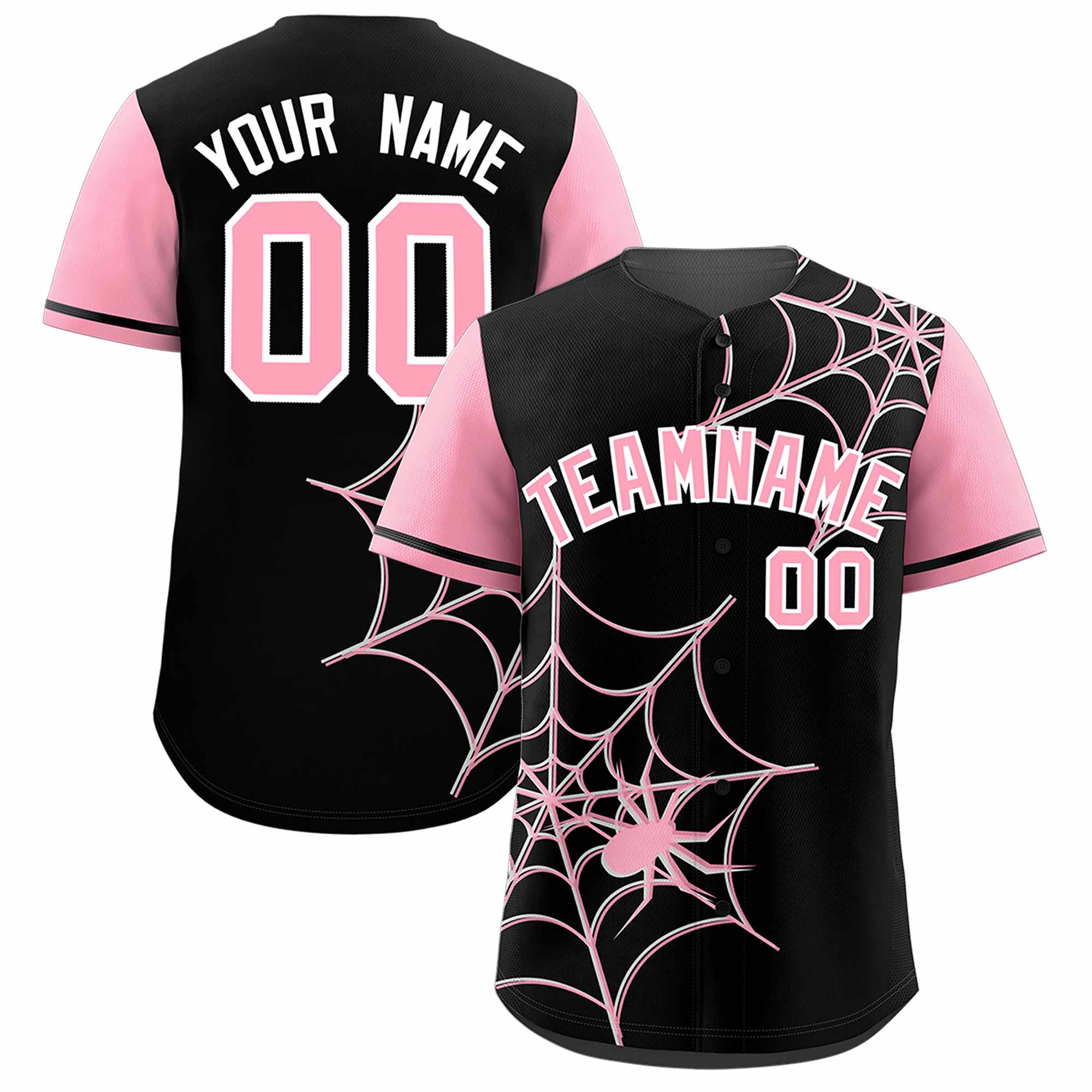 Custom Black-Light Pink Spider Web Pattern Raglan Sleeves Authentic Baseball Jersey