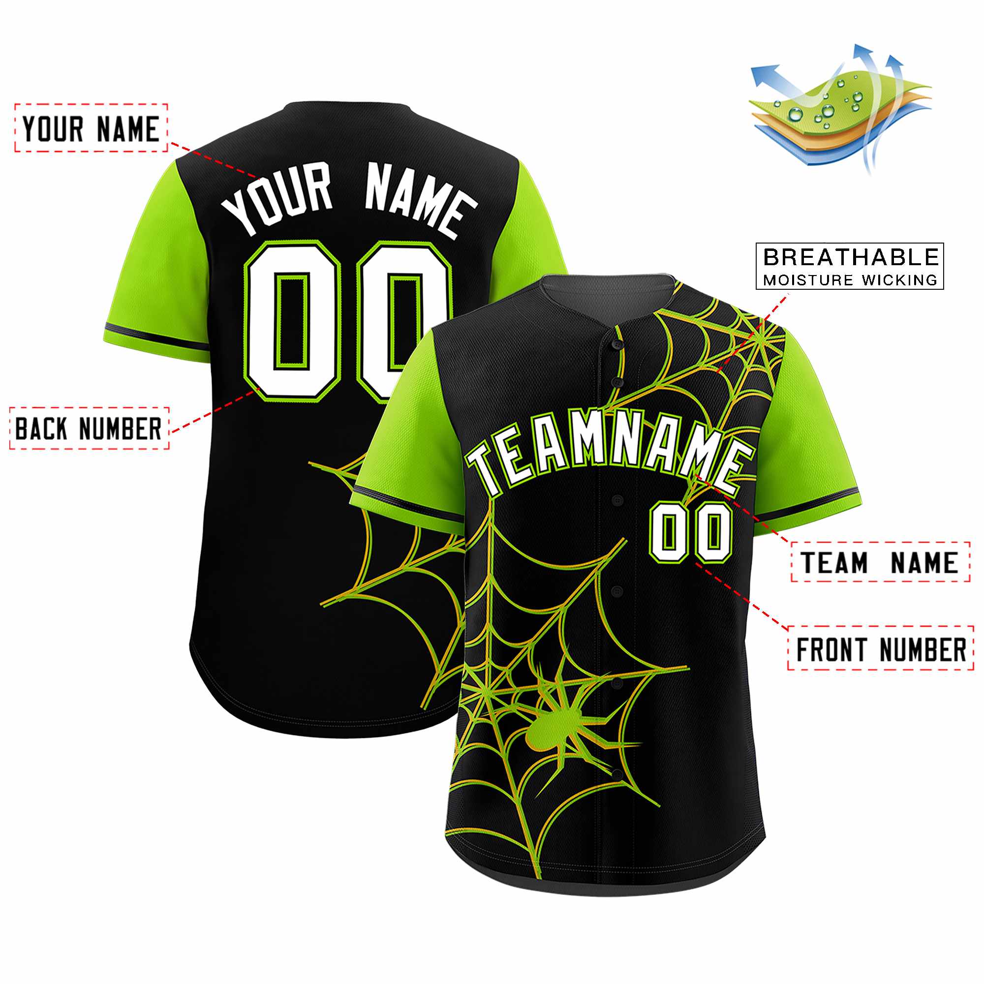 Custom Black-Neon Green Spider Web Pattern Raglan Sleeves Authentic Baseball Jersey