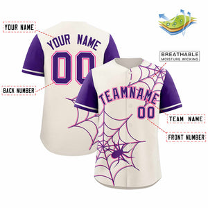 Custom Cream-Purple Spider Web Pattern Raglan Sleeves Authentic Baseball Jersey