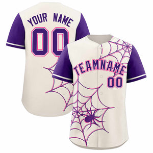 Custom Cream-Purple Spider Web Pattern Raglan Sleeves Authentic Baseball Jersey