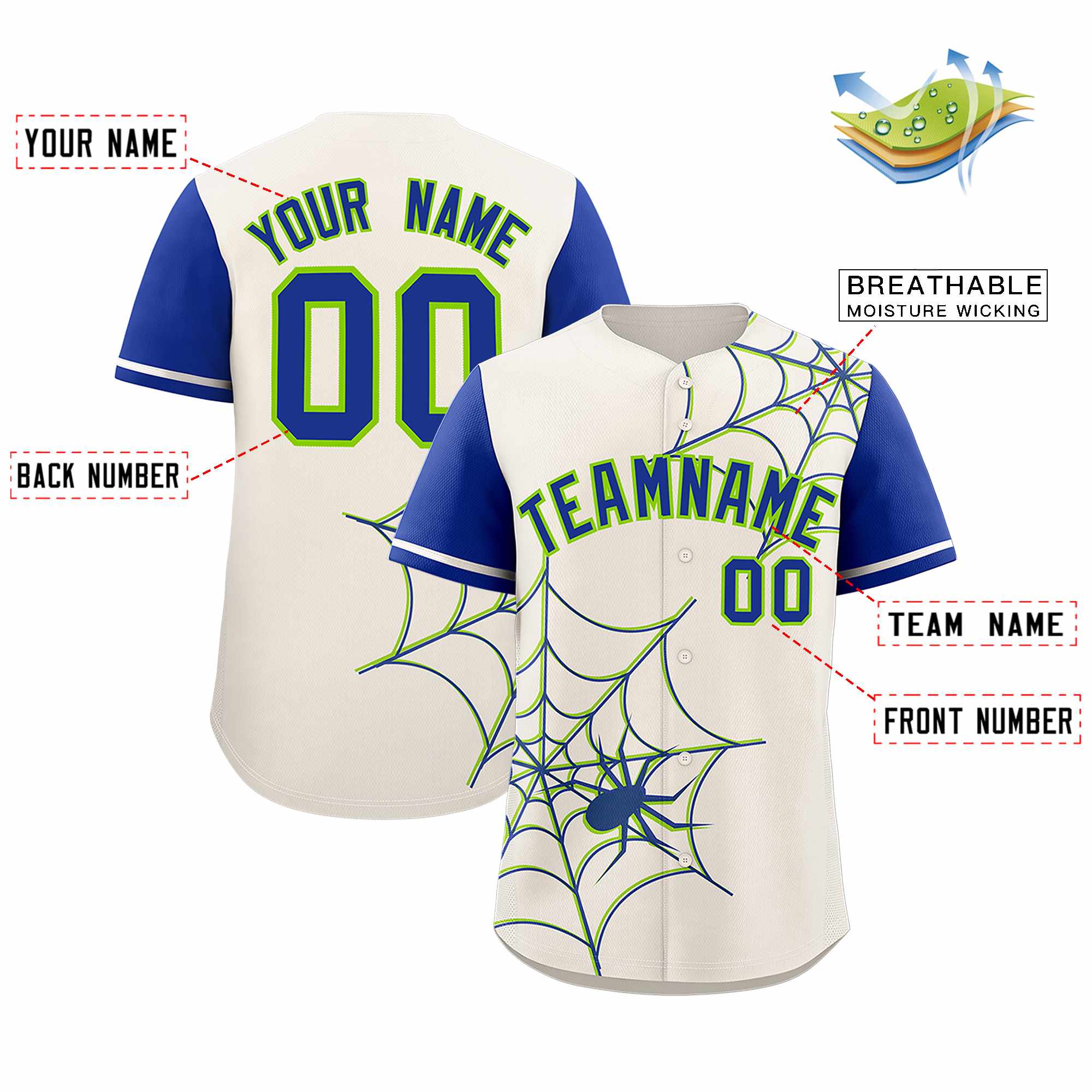 Custom Cream-Royal Spider Web Pattern Raglan Sleeves Authentic Baseball Jersey