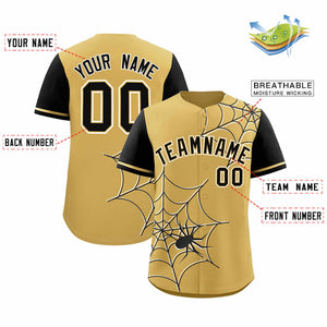 Custom Old Gold-Black Spider Web Pattern Raglan Sleeves Authentic Baseball Jersey