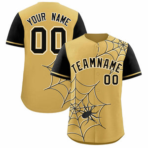 Custom Old Gold-Black Spider Web Pattern Raglan Sleeves Authentic Baseball Jersey