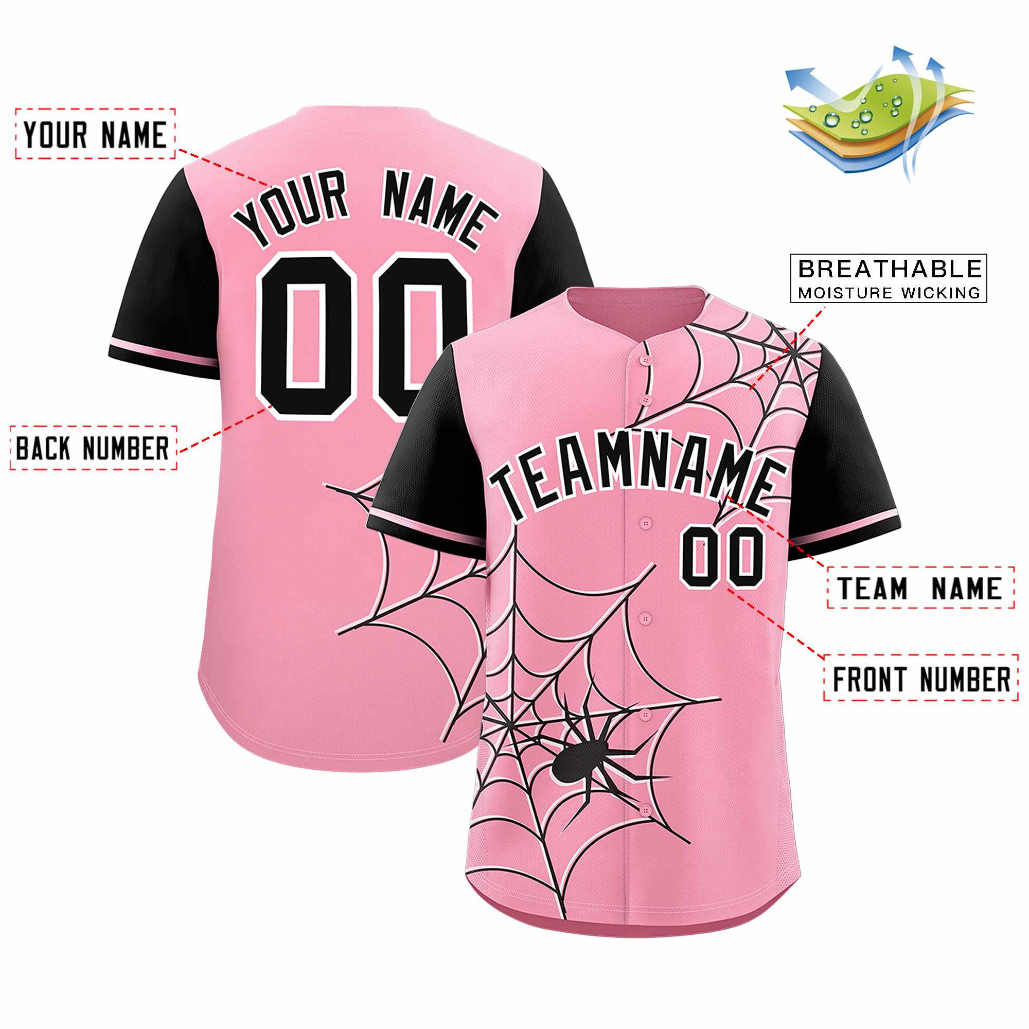 Custom Light Pink-Black Spider Web Pattern Raglan Sleeves Authentic Baseball Jersey