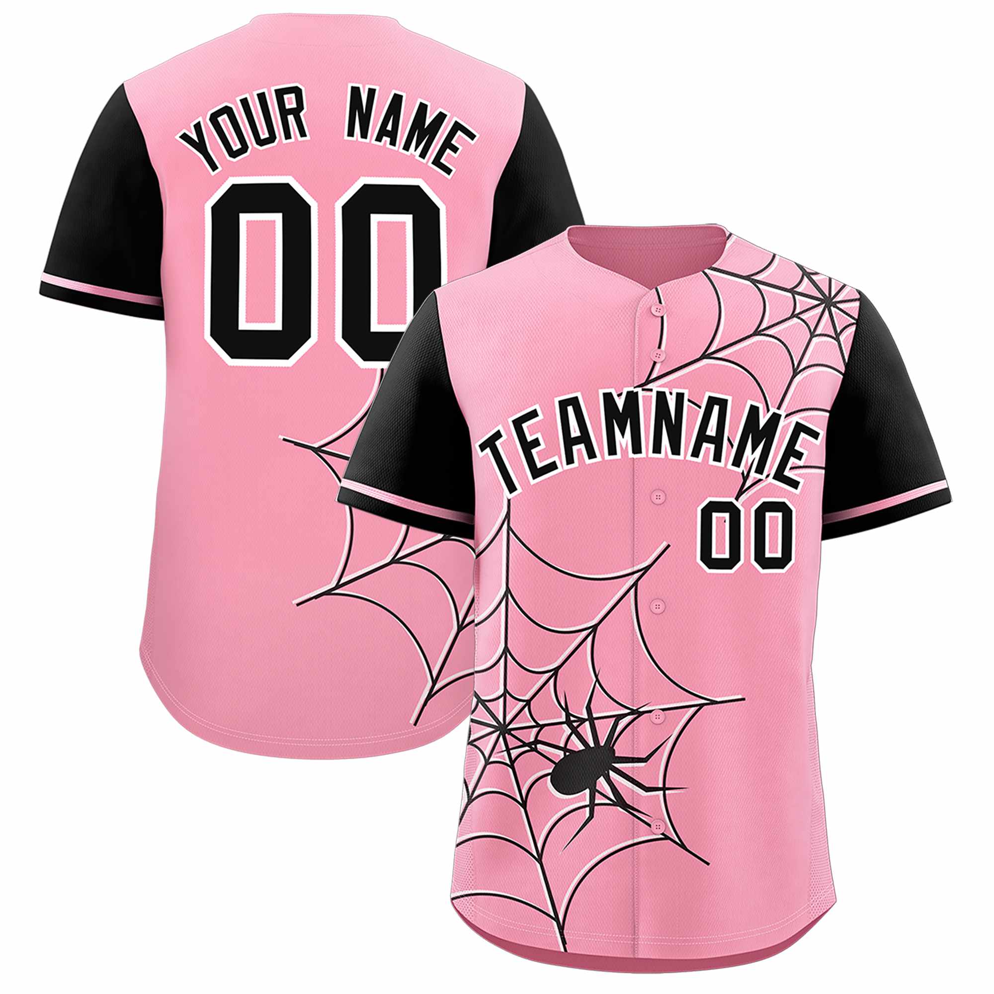 Custom Light Pink-Black Spider Web Pattern Raglan Sleeves Authentic Baseball Jersey