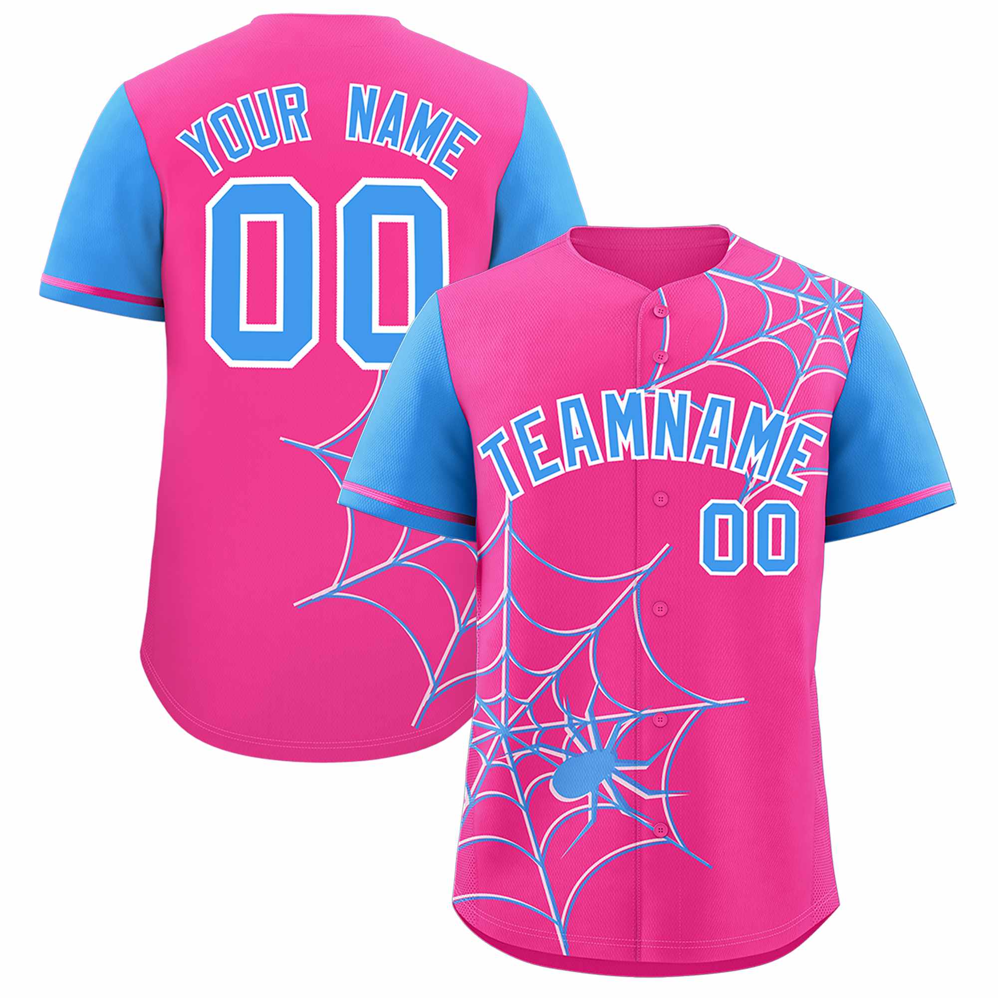 Custom Pink-Powder Blue Spider Web Pattern Raglan Sleeves Authentic Baseball Jersey