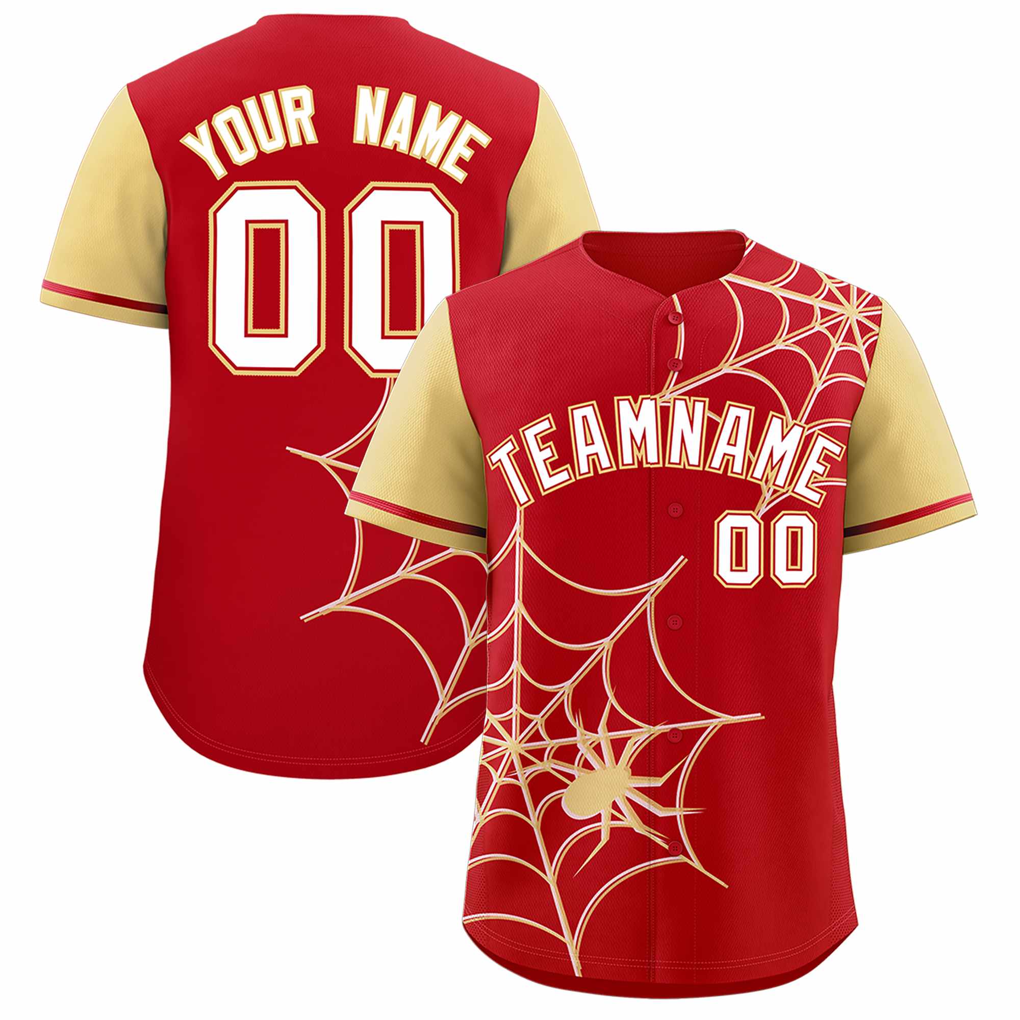 Custom Red-Khaki Spider Web Pattern Raglan Sleeves Authentic Baseball Jersey