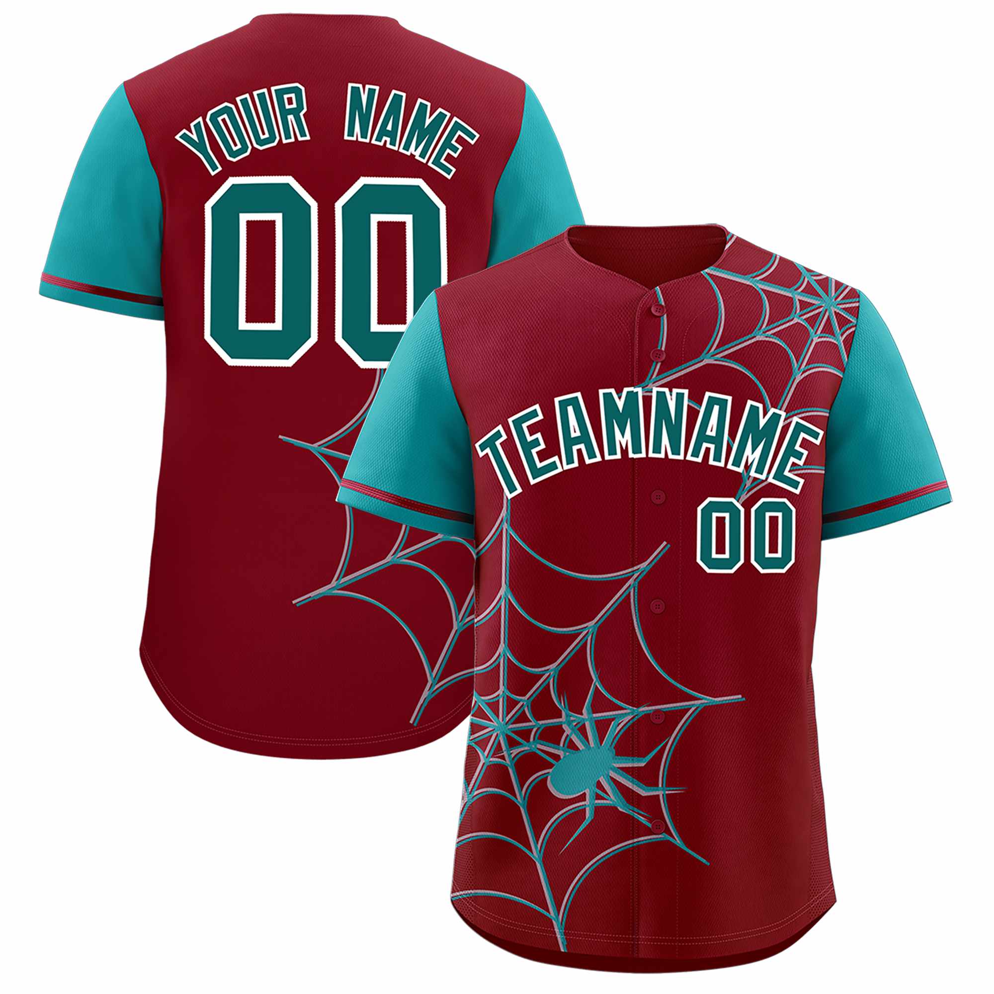 Custom Crimson-Aqua Spider Web Pattern Raglan Sleeves Authentic Baseball Jersey