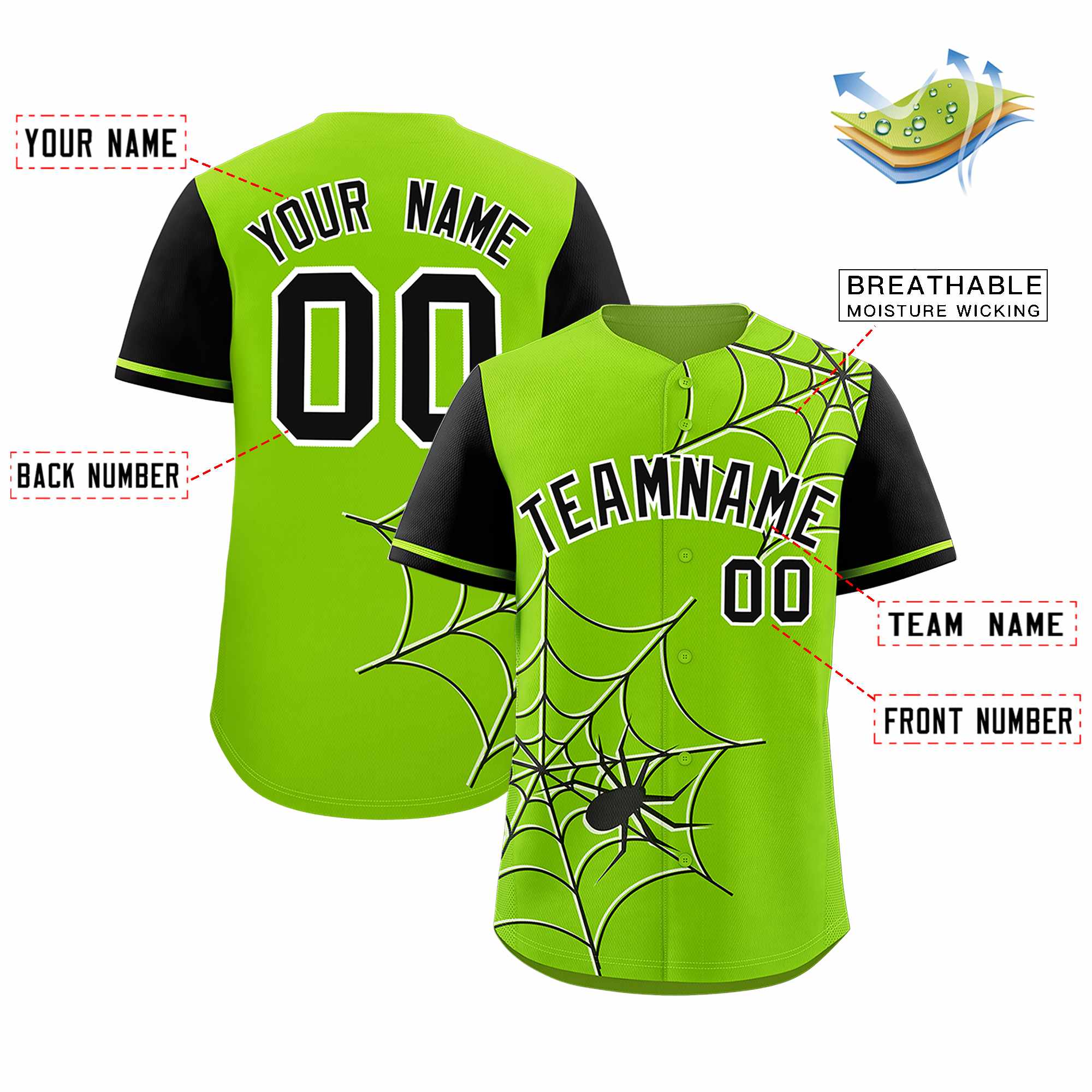 Custom Neon Green-Black Spider Web Pattern Raglan Sleeves Authentic Baseball Jersey