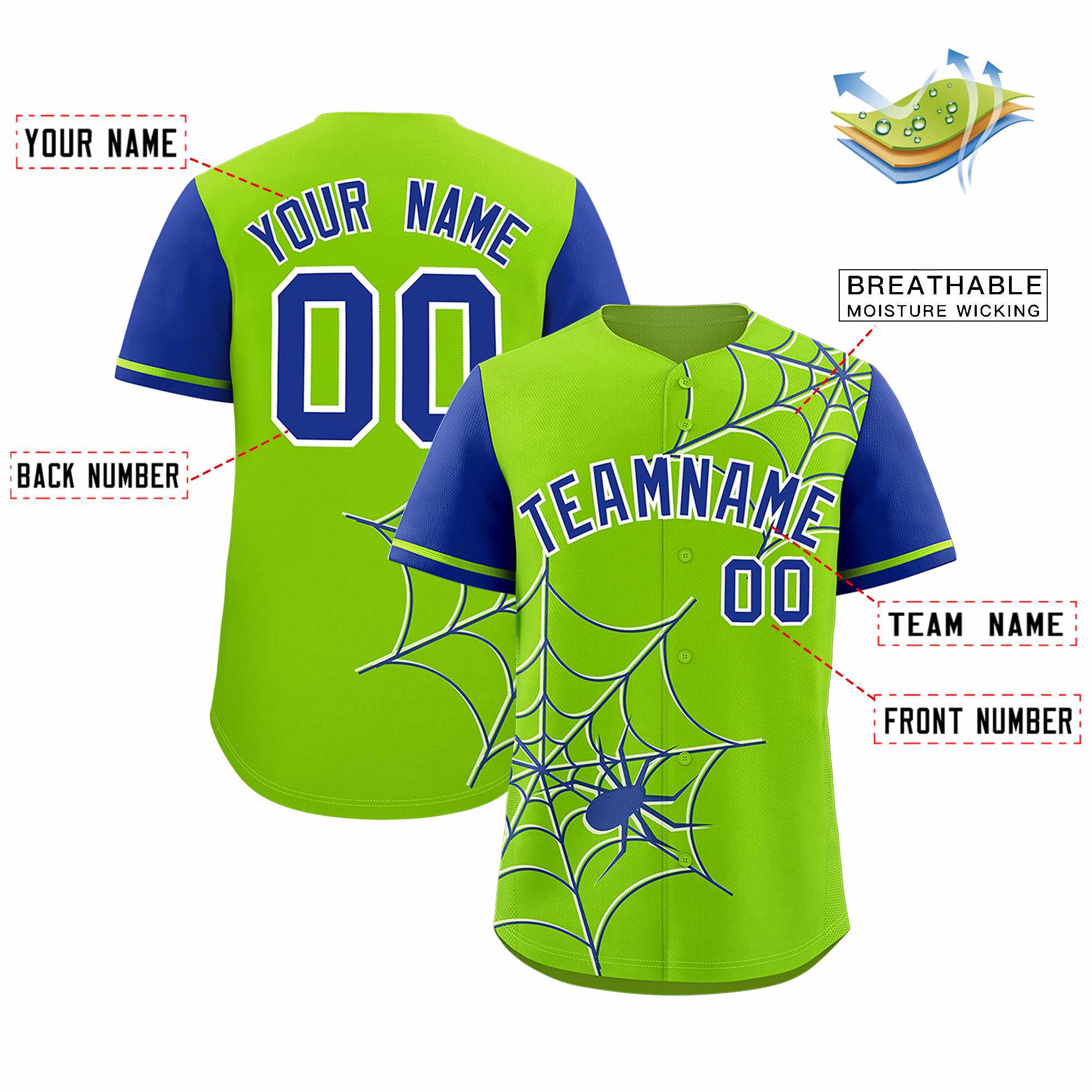 Custom Neon Green-Royal Spider Web Pattern Raglan Sleeves Authentic Baseball Jersey