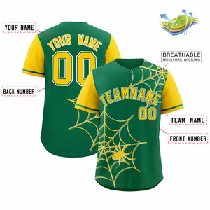 Custom Kelly Green-Gold Spider Web Pattern Raglan Sleeves Authentic Baseball Jersey