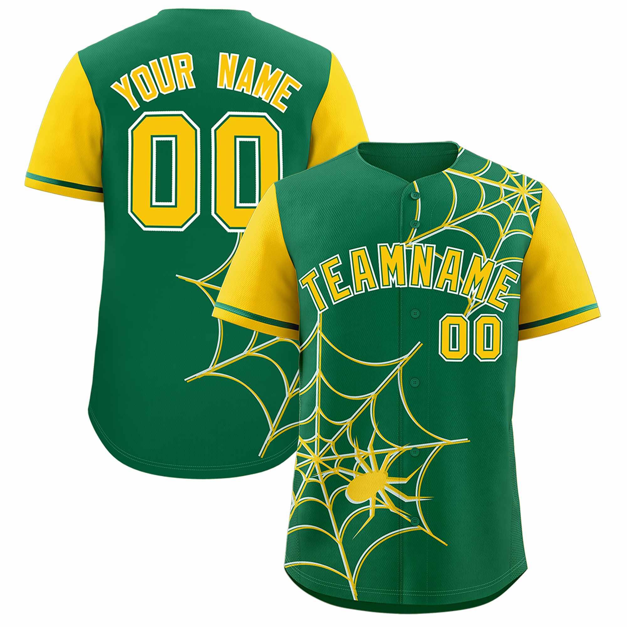 Custom Kelly Green-Gold Spider Web Pattern Raglan Sleeves Authentic Baseball Jersey