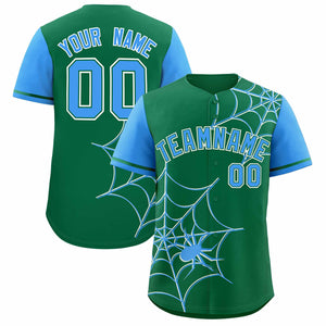 Custom Kelly Green-Powder Blue Spider Web Pattern Raglan Sleeves Authentic Baseball Jersey