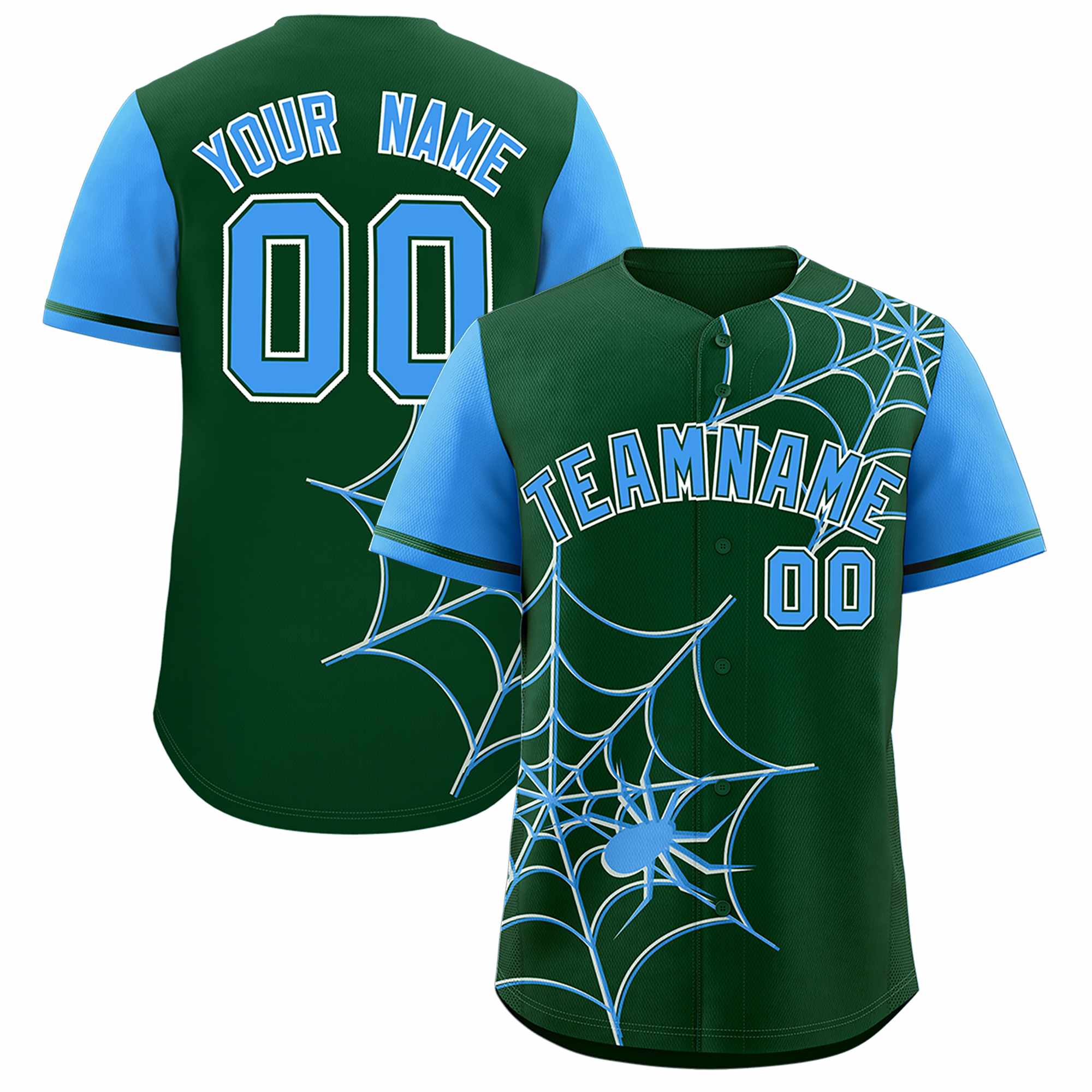 Custom Green-Powder Blue Spider Web Pattern Raglan Sleeves Authentic Baseball Jersey