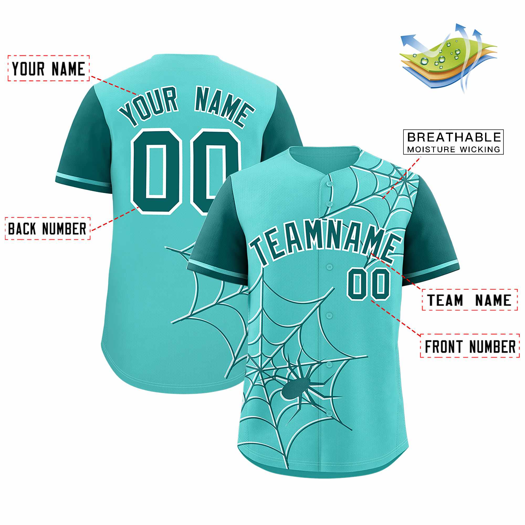 Custom Bright Green-Aqua Spider Web Pattern Raglan Sleeves Authentic Baseball Jersey