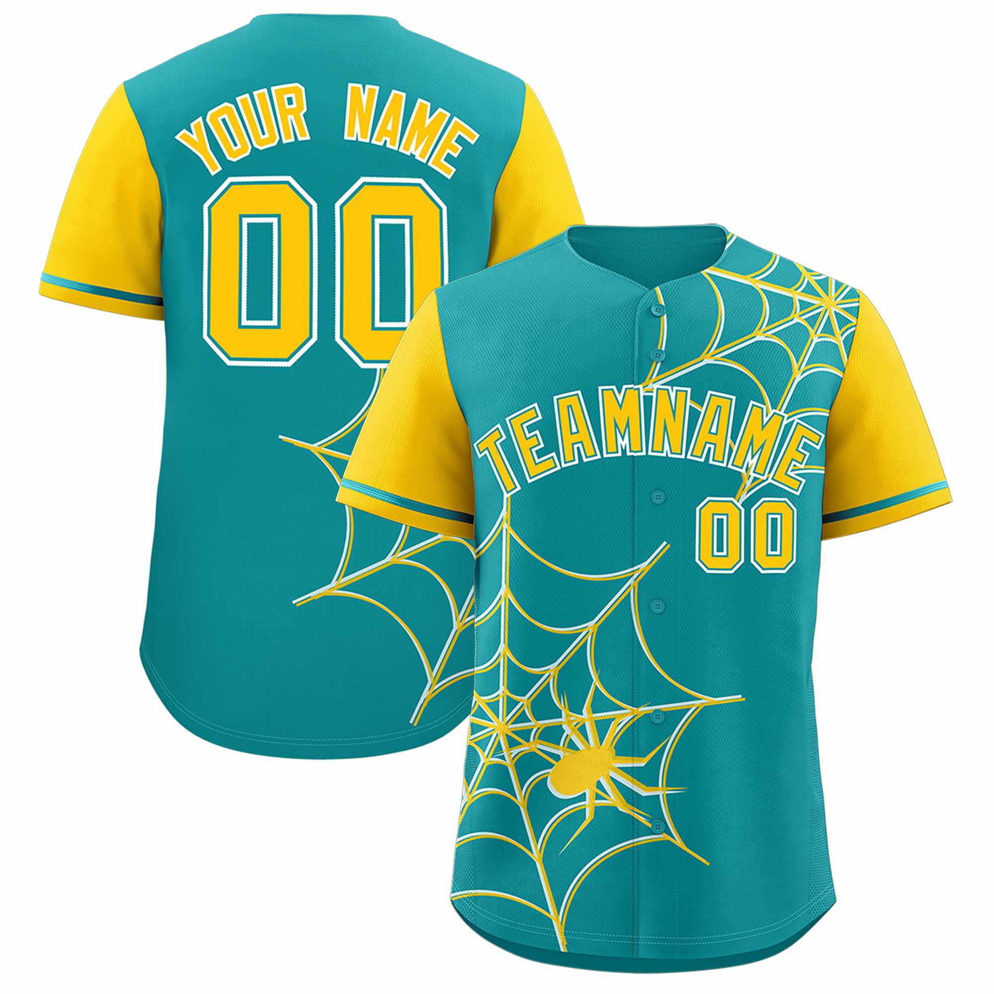 Custom Aqua-Gold Spider Web Pattern Raglan Sleeves Authentic Baseball Jersey