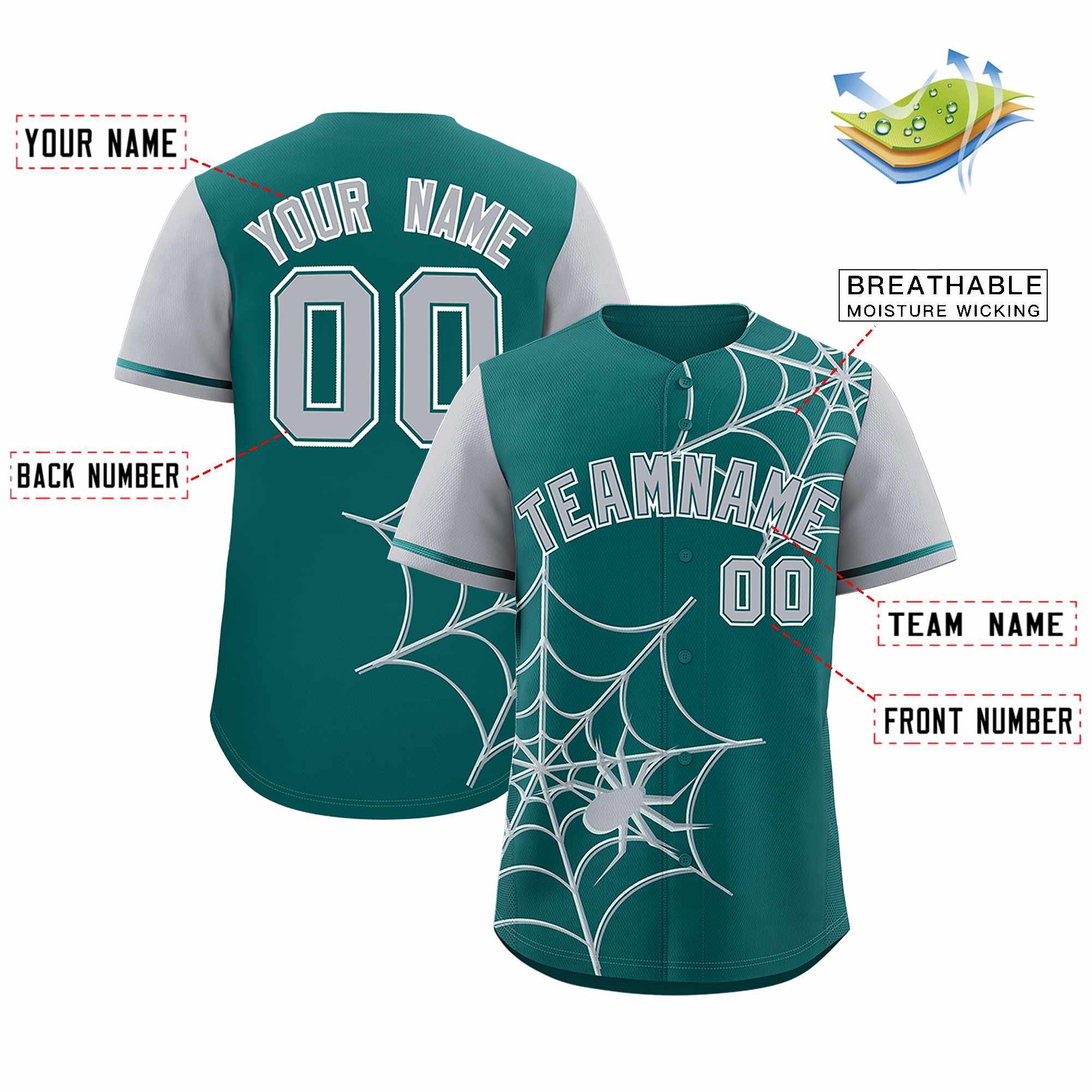 Custom Aqua-Gray Spider Web Pattern Raglan Sleeves Authentic Baseball Jersey