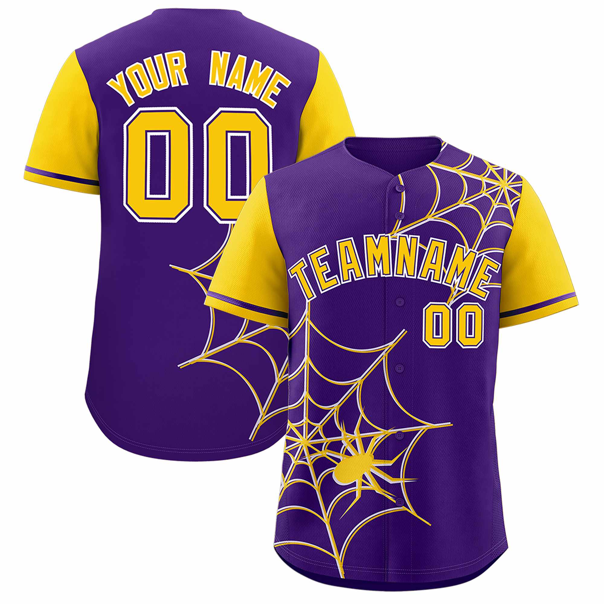 Custom Purple-Gold Spider Web Pattern Raglan Sleeves Authentic Baseball Jersey