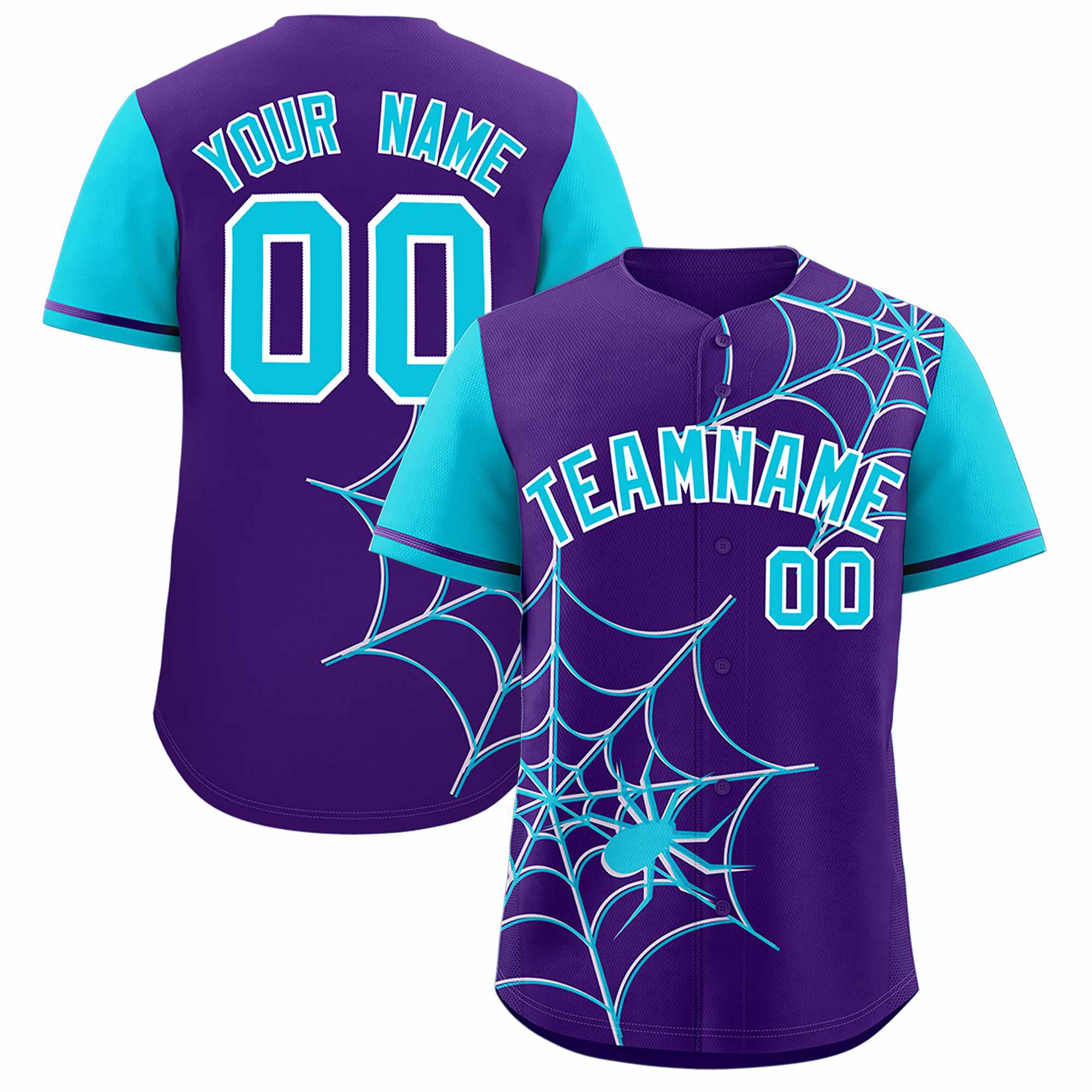 Custom Purple-Sky Blue Spider Web Pattern Raglan Sleeves Authentic Baseball Jersey