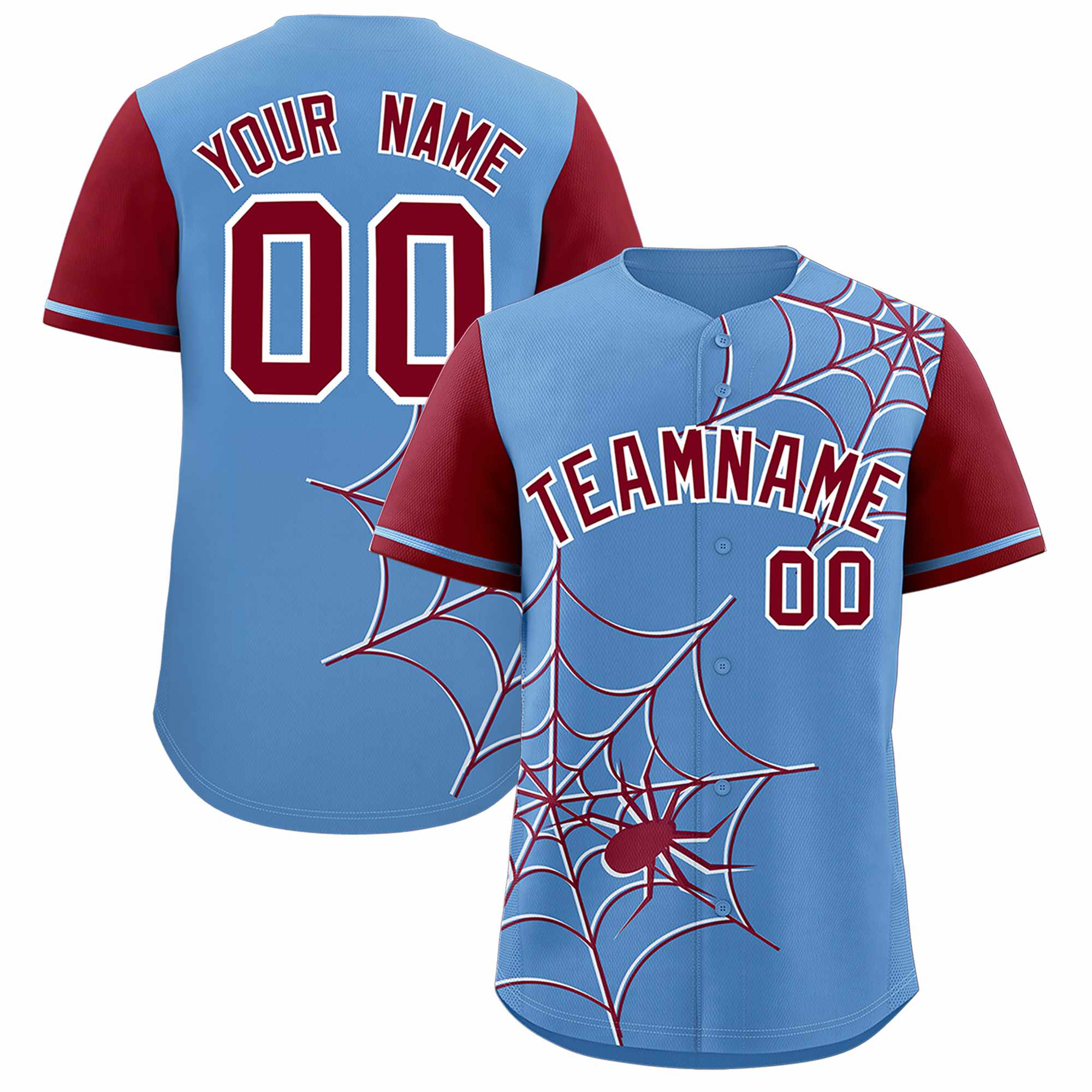 Custom Light Blue-Crimson Spider Web Pattern Raglan Sleeves Authentic Baseball Jersey