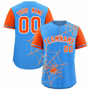 Custom Powder Blue-Orange Spider Web Pattern Raglan Sleeves Authentic Baseball Jersey