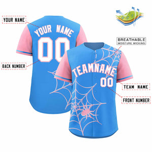 Custom Powder Blue-Light Pink Spider Web Pattern Raglan Sleeves Authentic Baseball Jersey