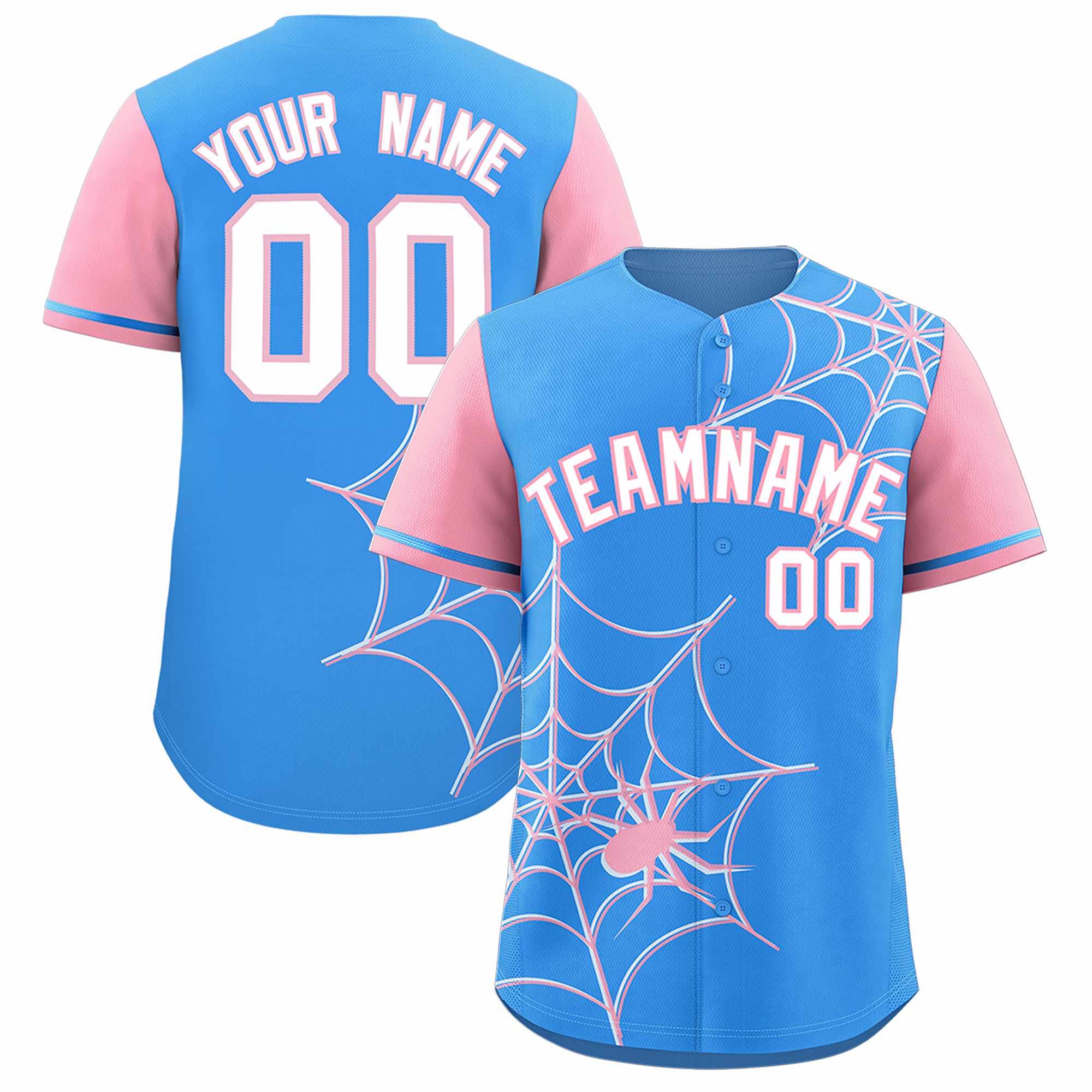 Custom Powder Blue-Light Pink Spider Web Pattern Raglan Sleeves Authentic Baseball Jersey