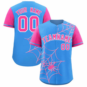 Custom Powder Blue-Pink Spider Web Pattern Raglan Sleeves Authentic Baseball Jersey