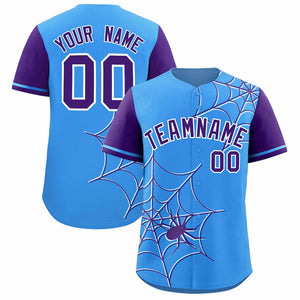 Custom Powder Blue-Purple Spider Web Pattern Raglan Sleeves Authentic Baseball Jersey