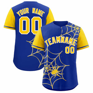 Custom Royal-Gold Spider Web Pattern Raglan Sleeves Authentic Baseball Jersey