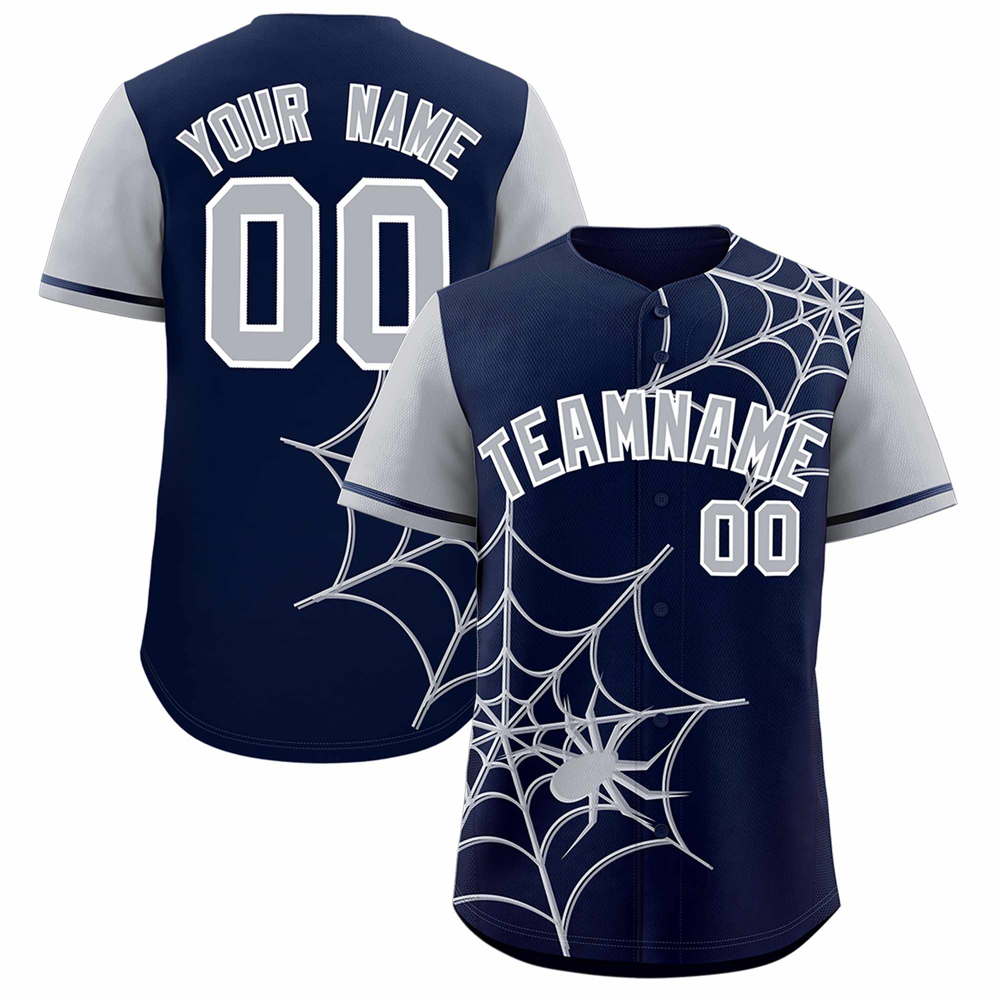 Custom Navy-Gray Spider Web Pattern Raglan Sleeves Authentic Baseball Jersey