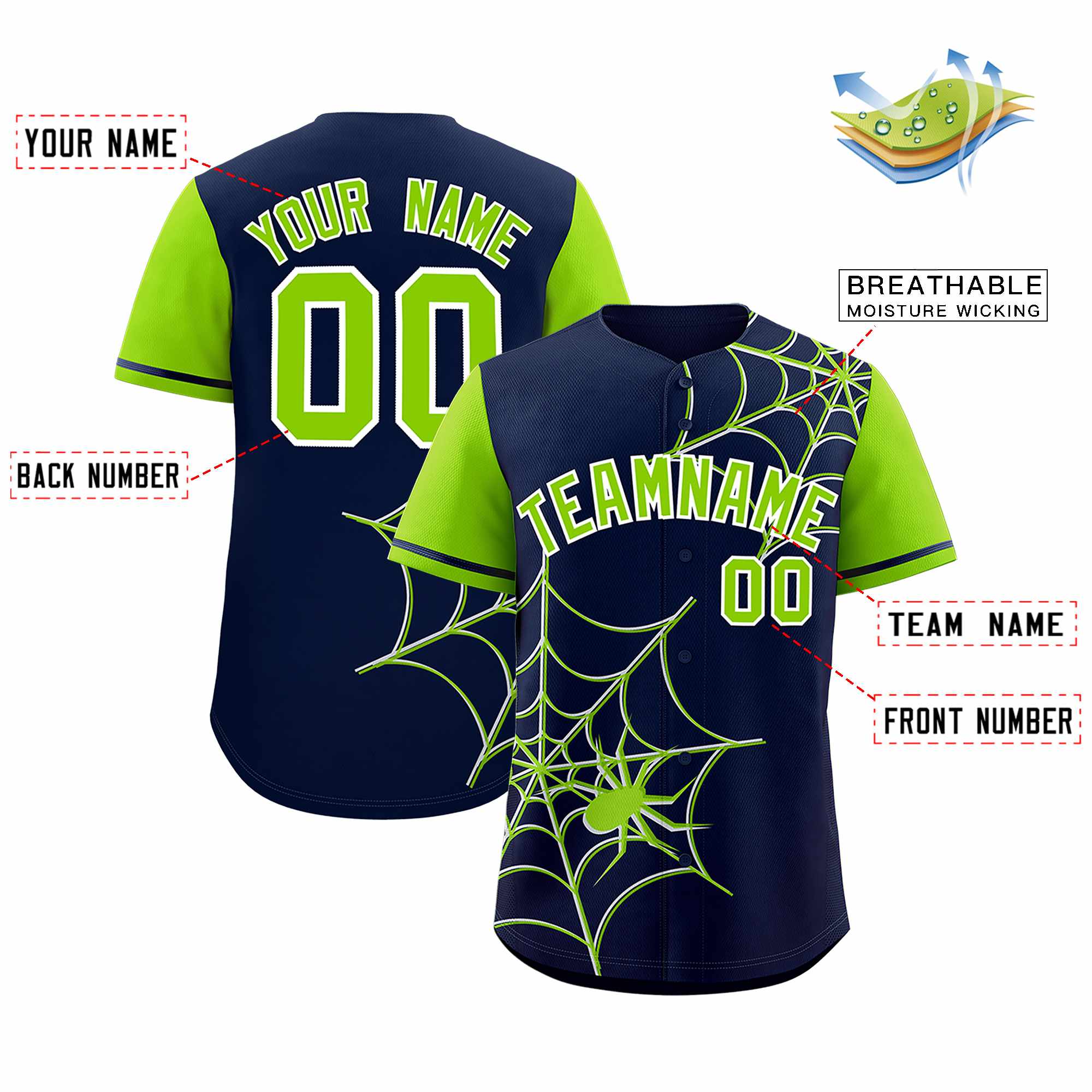 Custom Navy-Neon Green Spider Web Pattern Raglan Sleeves Authentic Baseball Jersey