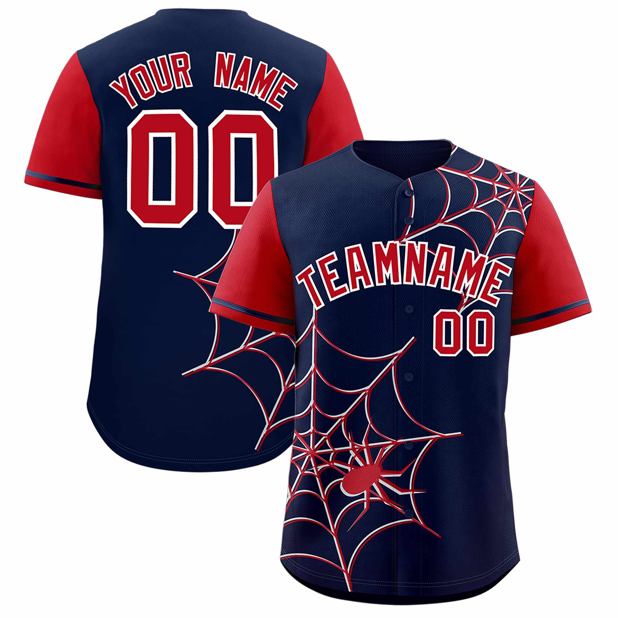 Custom Navy Red Spider Web Pattern Raglan Sleeves Authentic Baseball Jersey