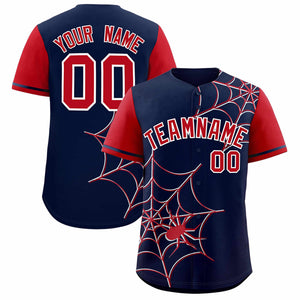 Custom Navy Red Spider Web Pattern Raglan Sleeves Authentic Baseball Jersey