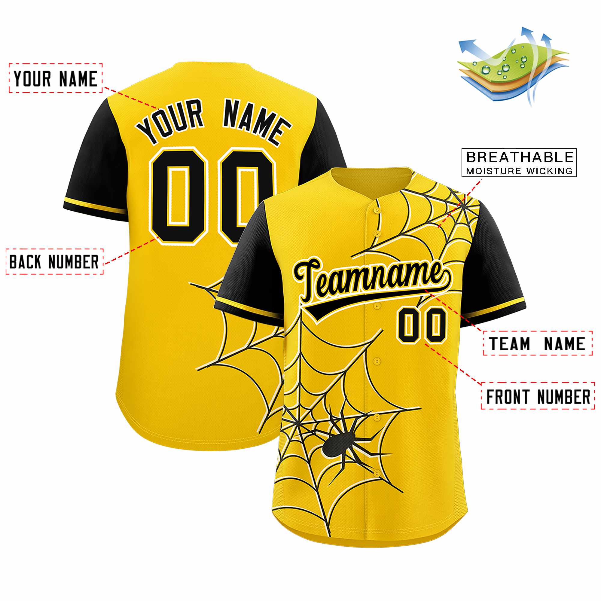 Custom Gold-Black Spider Web Pattern Raglan Sleeves Authentic Baseball Jersey