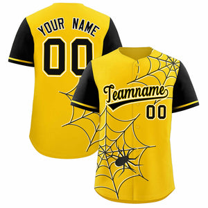 Custom Gold-Black Spider Web Pattern Raglan Sleeves Authentic Baseball Jersey