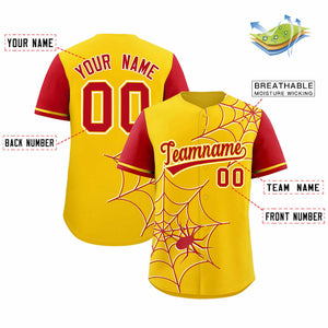 Custom Gold-Red Spider Web Pattern Raglan Sleeves Authentic Baseball Jersey