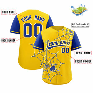 Custom Gold-Royal Spider Web Pattern Raglan Sleeves Authentic Baseball Jersey