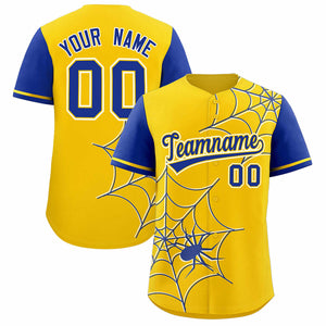 Custom Gold-Royal Spider Web Pattern Raglan Sleeves Authentic Baseball Jersey