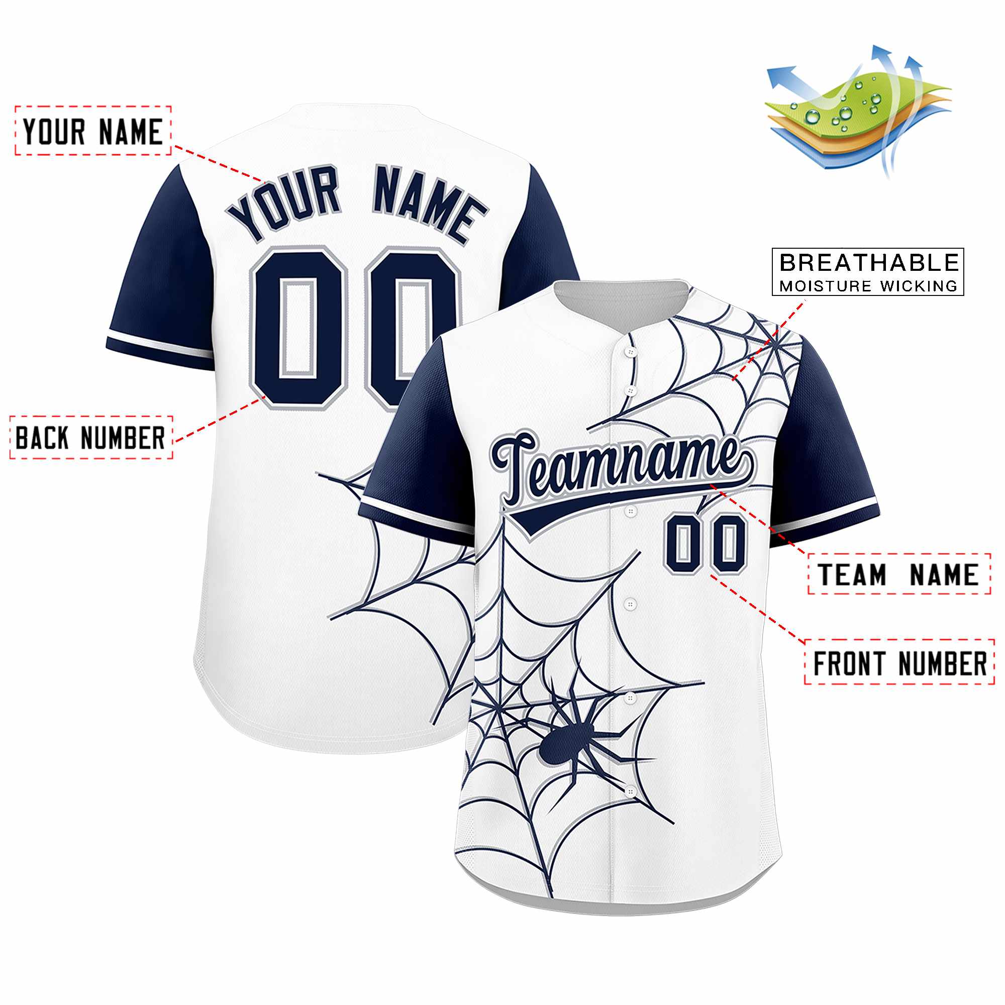 Custom White-Navy Spider Web Pattern Raglan Sleeves Authentic Baseball Jersey