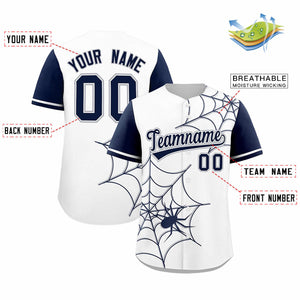 Custom White-Navy Spider Web Pattern Raglan Sleeves Authentic Baseball Jersey