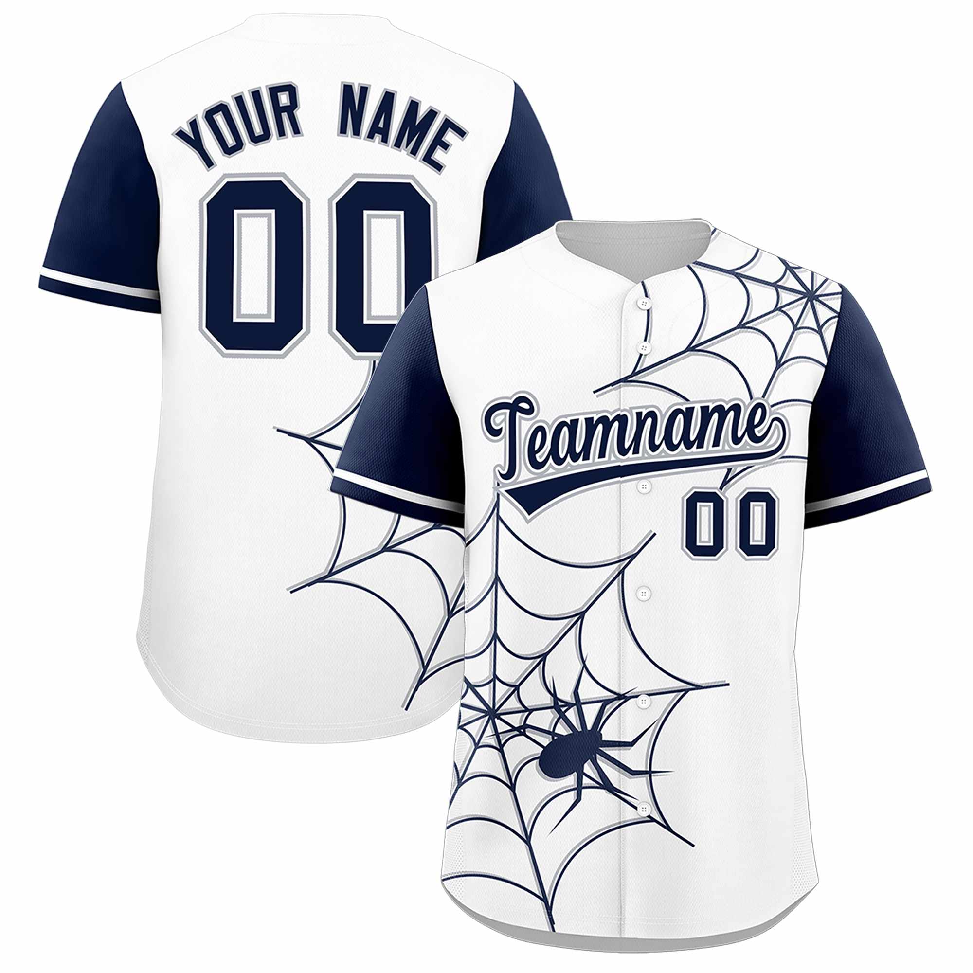 Custom White-Navy Spider Web Pattern Raglan Sleeves Authentic Baseball Jersey