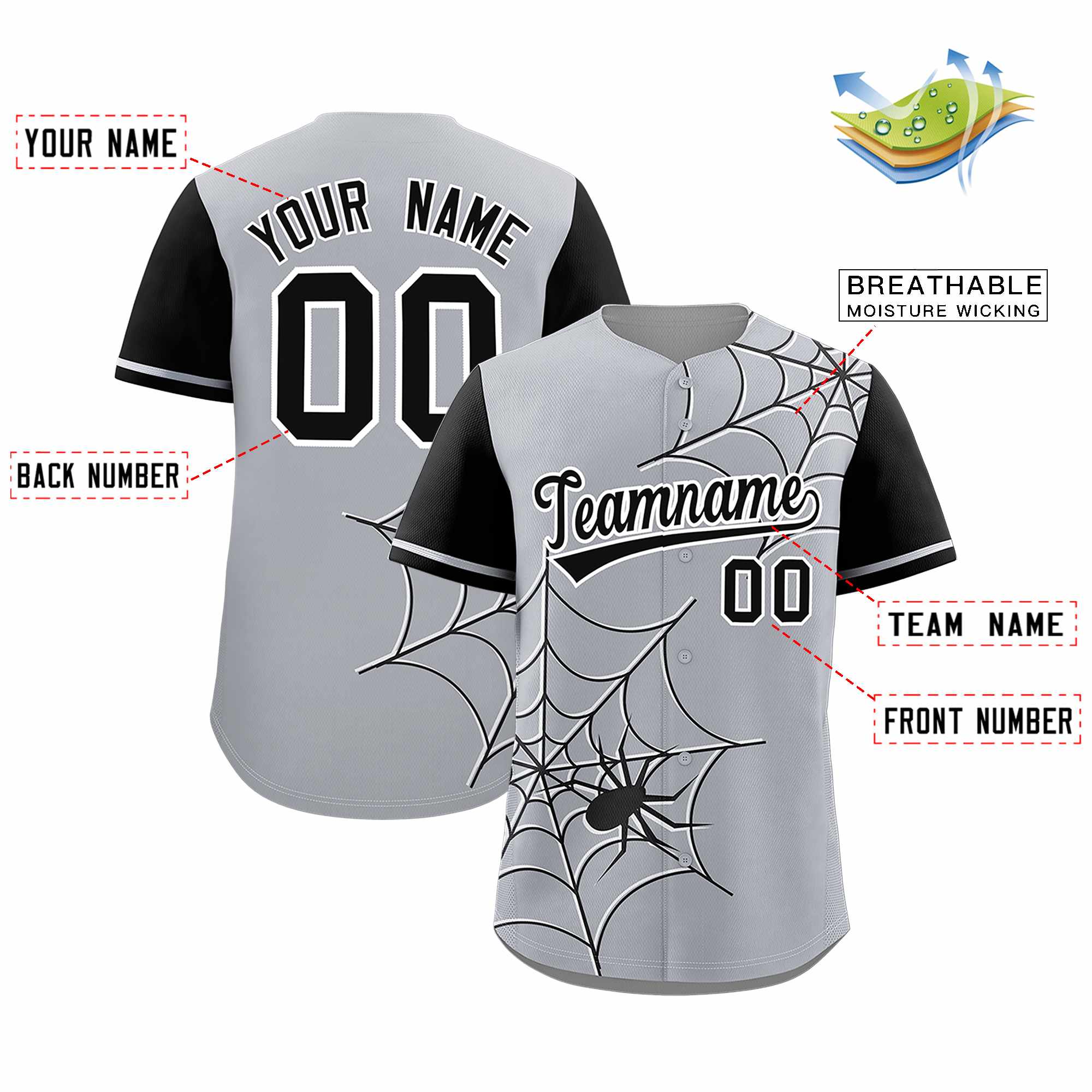 Custom Gray-Black Spider Web Pattern Raglan Sleeves Authentic Baseball Jersey