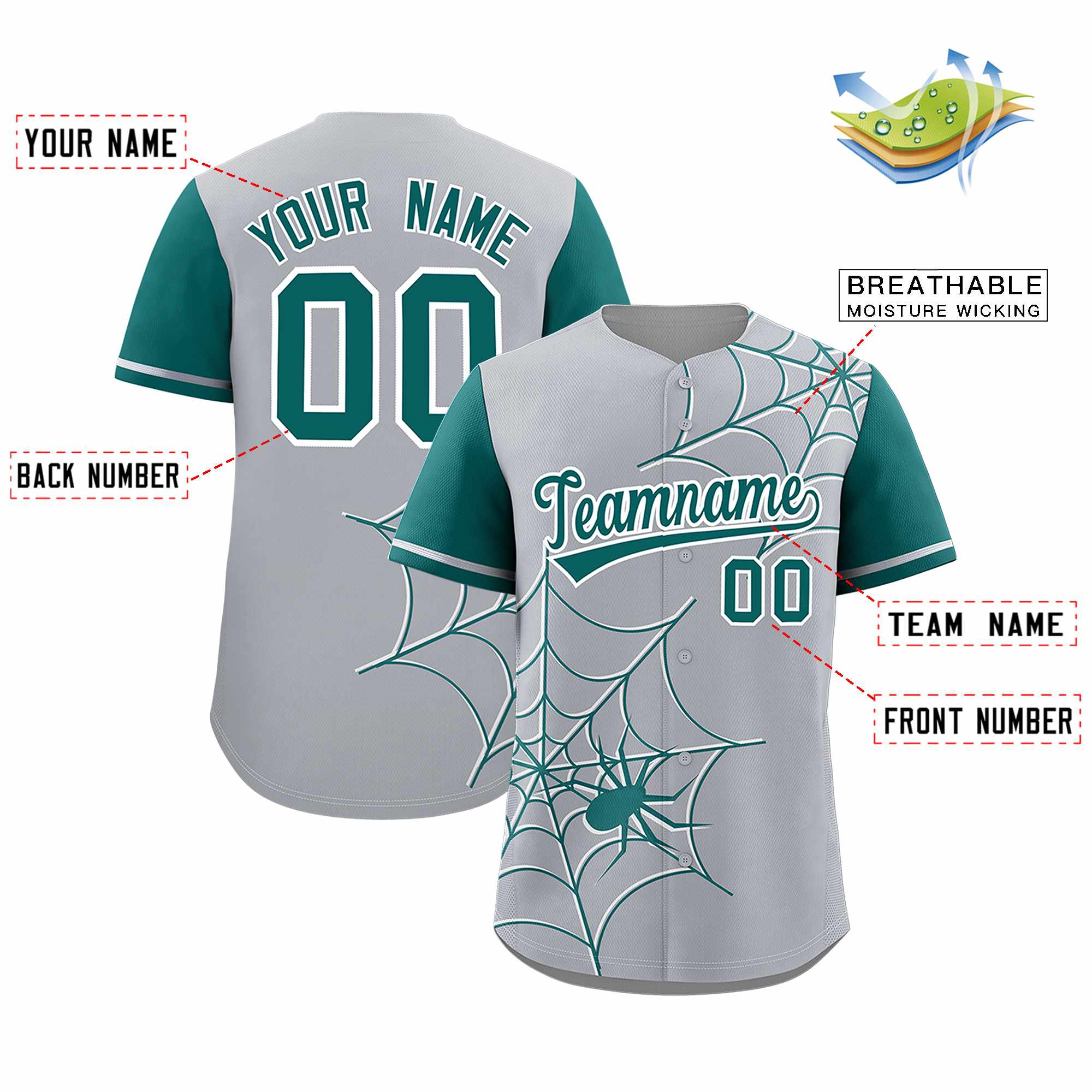 Custom Gray-Aqua Spider Web Pattern Raglan Sleeves Authentic Baseball Jersey