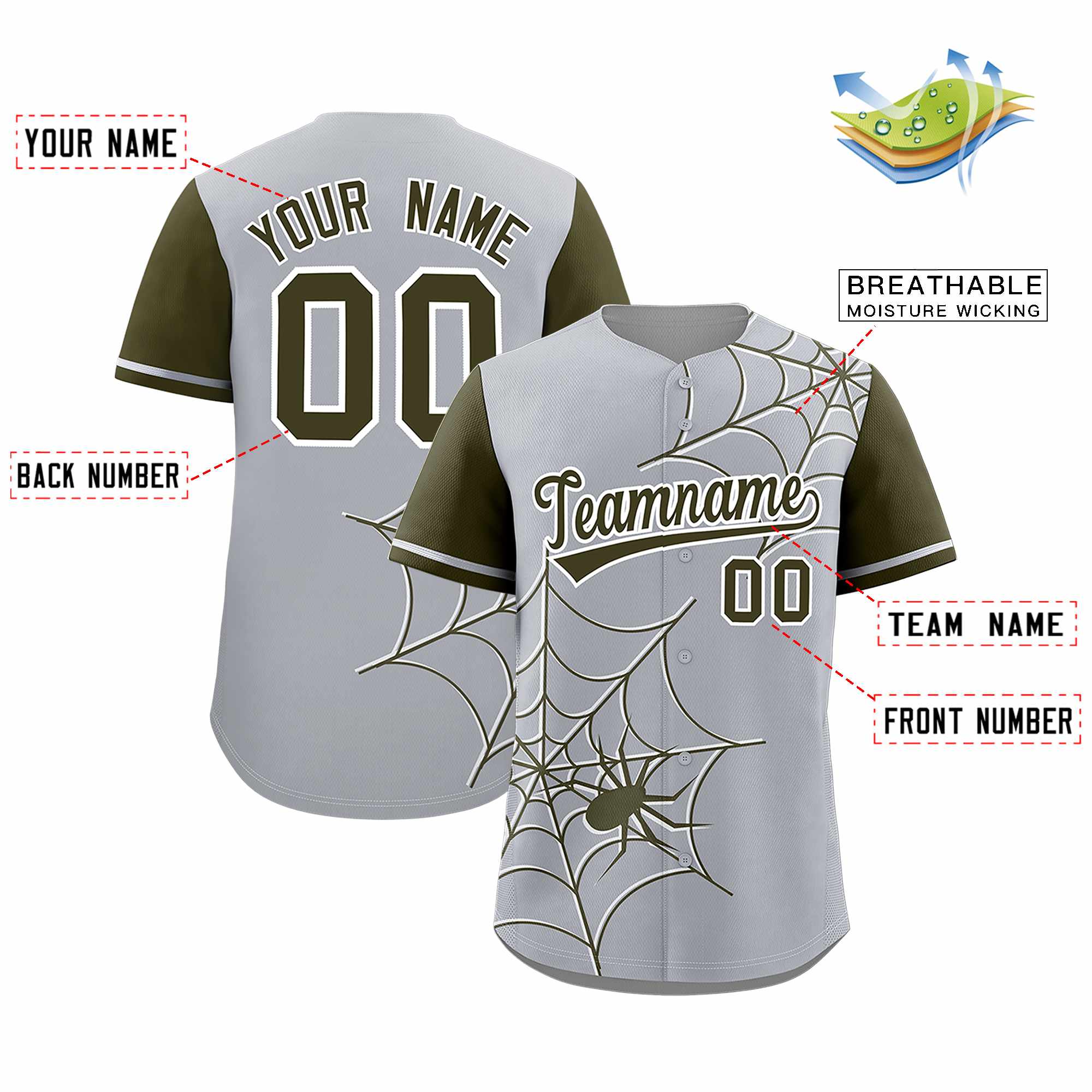 Custom Gray-Olive Spider Web Pattern Raglan Sleeves Authentic Baseball Jersey