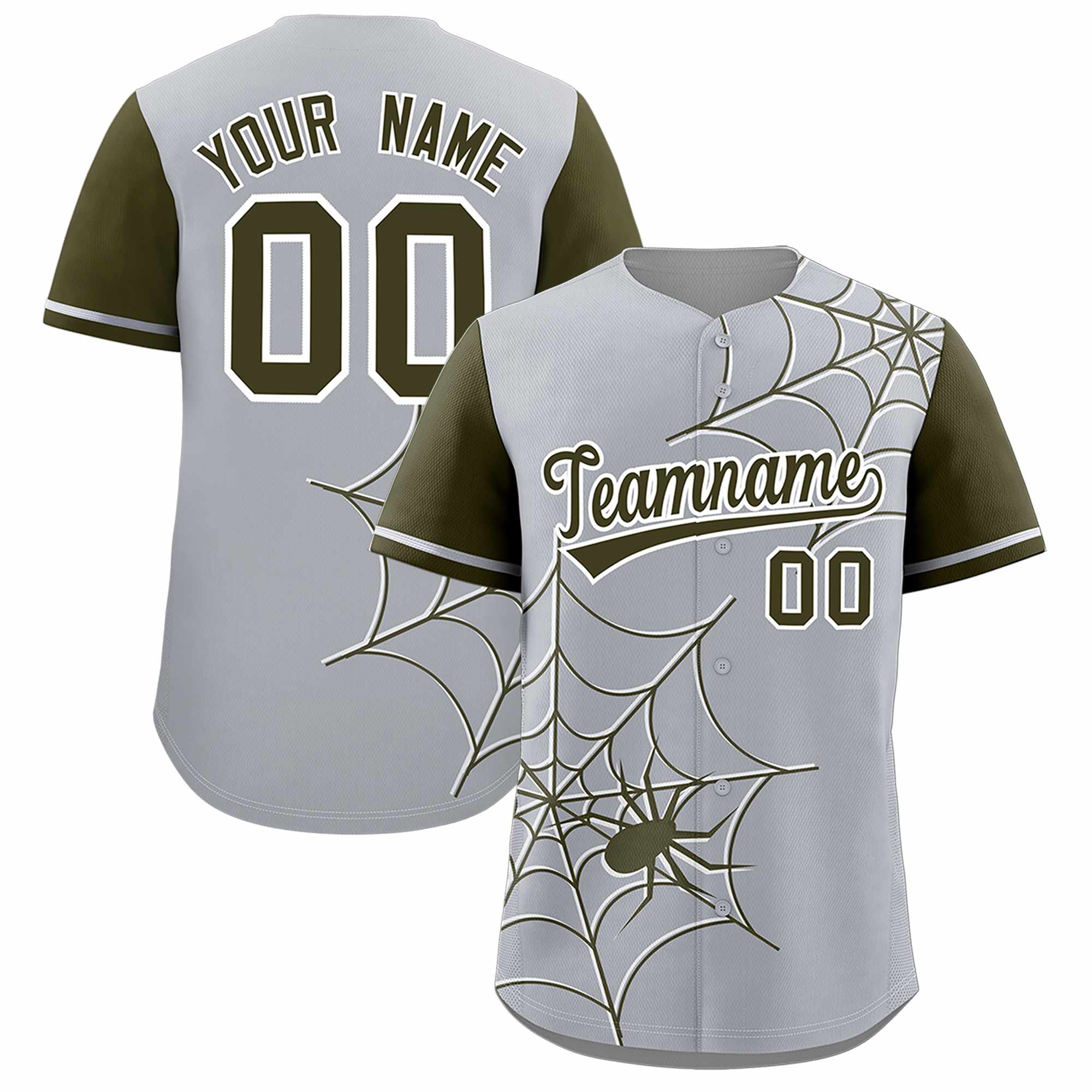 Custom Gray-Olive Spider Web Pattern Raglan Sleeves Authentic Baseball Jersey